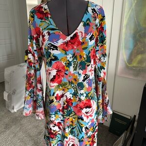 MSK Red and Blue Sheath Dress with V-Neck Bell Sleeves